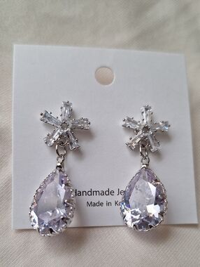 Handmade Clear Crystal Drop Earrings - Silver Tone